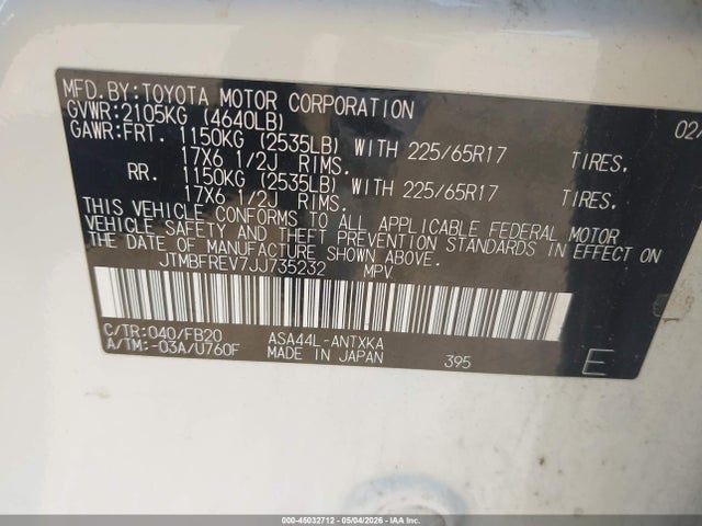 Aukcja sprzedaży 2018 Toyota Rav4 Le, vin: JTMBFREV7JJ735232, numer aukcji: 45032712