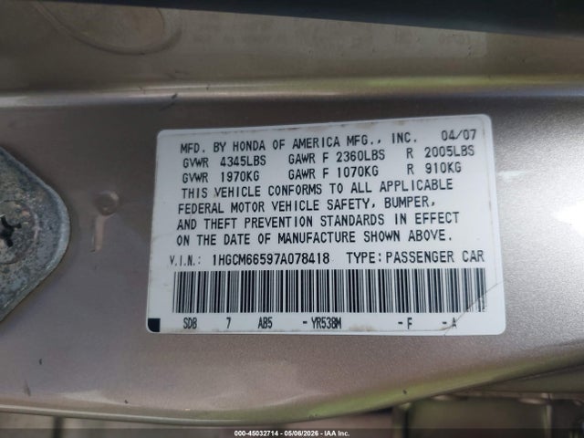 Aukcja sprzedaży 2007 Honda Accord 3.0 Ex, vin: 1HGCM66597A078418, numer aukcji: 45032714
