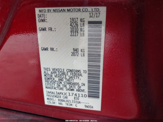 45032724 :رقم المزاد ، 1N4AL3APXJC174110 vin ، 2018 Nissan Altima 2.5 Sl مزاد بيع