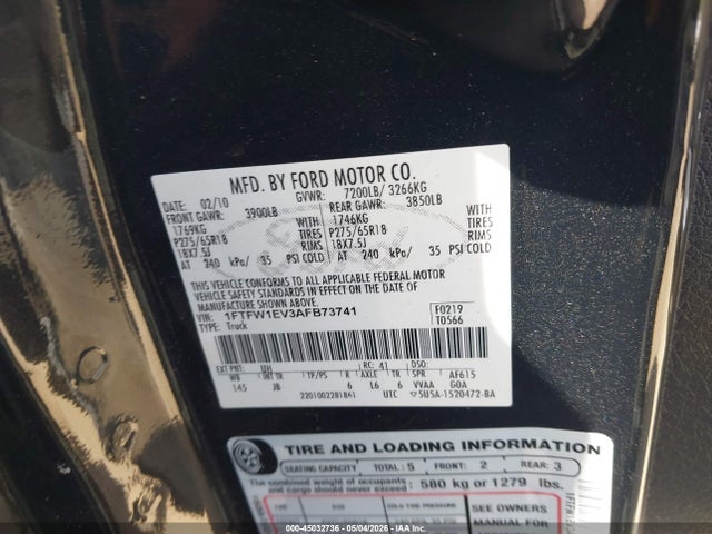 Aukcja sprzedaży 2010 Ford F-150 Fx4/harley-davidson/king Ranch/lariat/platinum/xl/xlt, vin: 1FTFW1EV3AFB73741, numer aukcji: 45032736