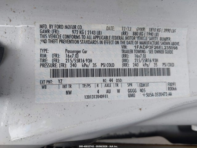 45032743 :رقم المزاد ، 1FADP3F26EL235098 vin ، 2014 Ford Focus Se مزاد بيع