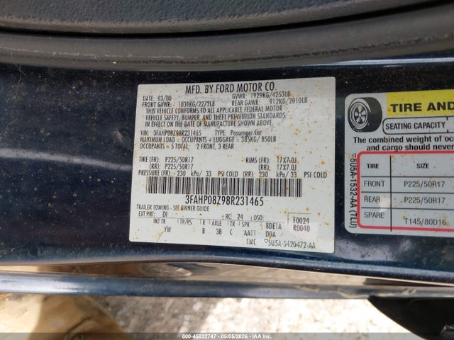 45032747 :رقم المزاد ، 3FAHP08Z98R231465 vin ، 2008 Ford Fusion Sel مزاد بيع