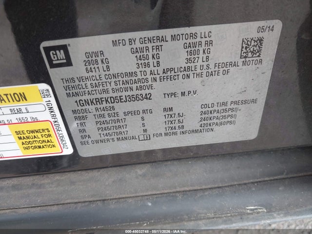 Aukcja sprzedaży 2014 Chevrolet Traverse Ls, vin: 1GNKRFKD5EJ356342, numer aukcji: 45032748