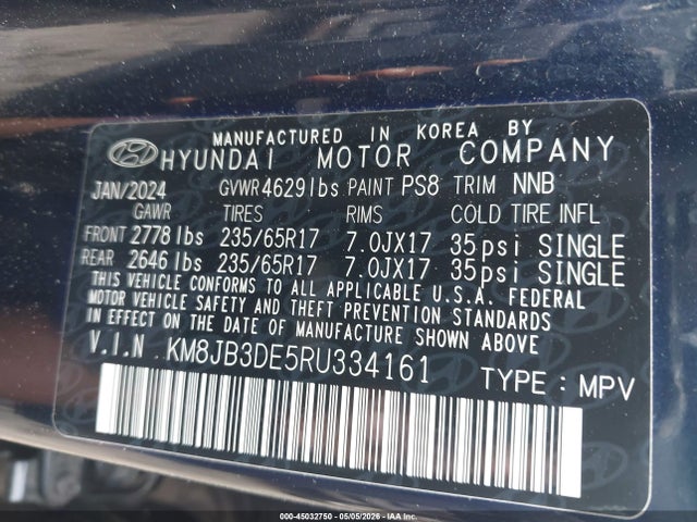 45032750 :رقم المزاد ، KM8JB3DE5RU334161 vin ، 2024 Hyundai Tucson Sel مزاد بيع