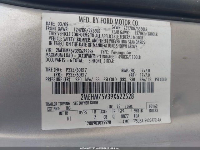 45032753 :رقم المزاد ، 2MEHM75V39X622528 vin ، 2009 Mercury Grand Marquis Ls (fleet Only) مزاد بيع