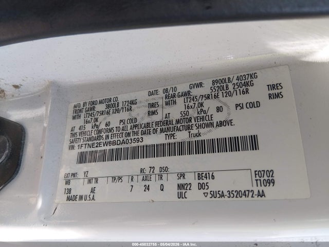 Продаж на аукціоні авто 2011 Ford E-250 Commercial, vin: 1FTNE2EW6BDA03593, номер лоту: 45032755