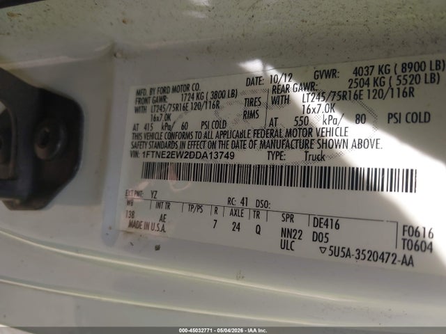 45032771 :رقم المزاد ، 1FTNE2EW2DDA13749 vin ، 2013 Ford E-250 Commercial مزاد بيع