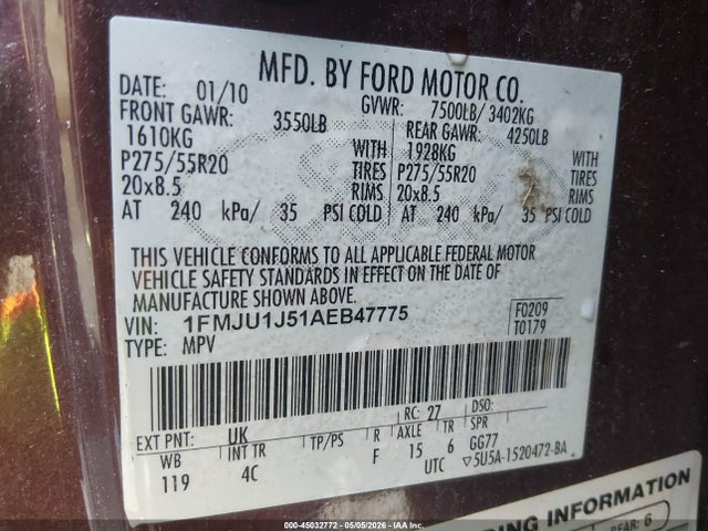 Aukcja sprzedaży 2010 Ford Expedition Eddie Bauer, vin: 1FMJU1J51AEB47775, numer aukcji: 45032772