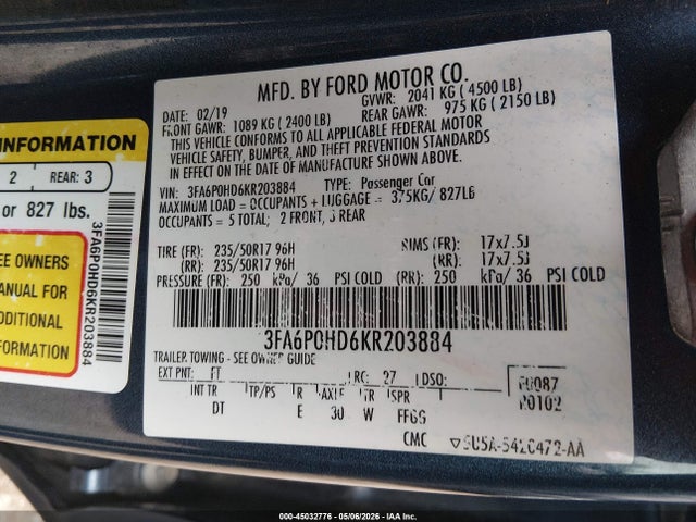 Aukcja sprzedaży 2019 Ford Fusion Se, vin: 3FA6P0HD6KR203884, numer aukcji: 45032776