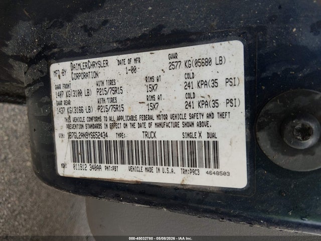 45032780 :رقم المزاد ، 1B7GL2AN9YS652434 vin ، 2000 Dodge Dakota Slt/sport مزاد بيع