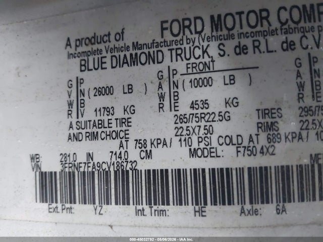 2012 Ford F-750 Xl/xlt მანქანა იყიდება აუქციონზე, vin: 3FRNF7FA9CV186732, აუქციონის ნომერი: 45032792