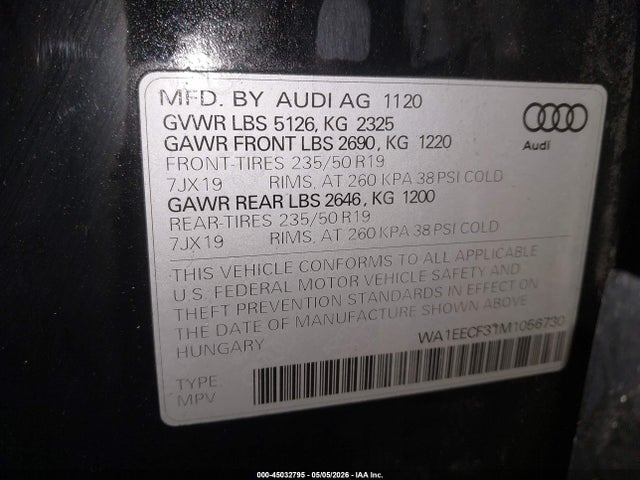 2021 Audi Q3 Premium Plus 45 Tfsi S Line Quattro Tiptronic მანქანა იყიდება აუქციონზე, vin: WA1EECF31M1056730, აუქციონის ნომერი: 45032795