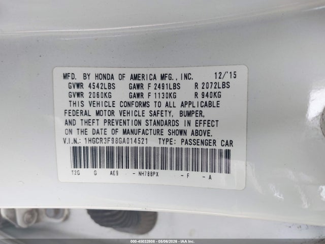 2016 Honda Accord Touring მანქანა იყიდება აუქციონზე, vin: 1HGCR3F98GA014521, აუქციონის ნომერი: 45032808