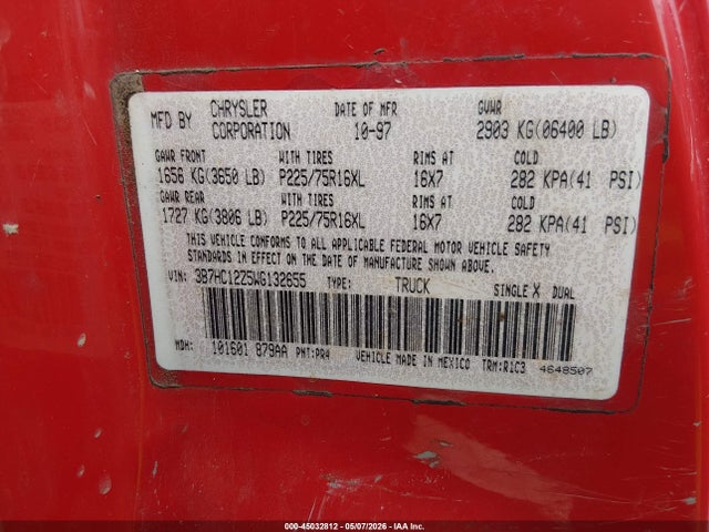 Продажа на аукционе авто 1998 Dodge Ram 1500 St, vin: 3B7HC12Z5WG132655, номер лота: 45032812