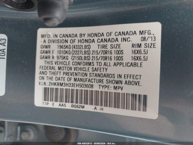 45032813 :رقم المزاد ، 2HKRM3H33EH503608 vin ، 2014 Honda Cr-v Lx مزاد بيع