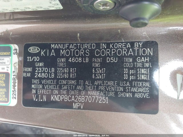 45032815 :رقم المزاد ، KNDPBCA26B7077251 vin ، 2011 Kia Sportage Lx مزاد بيع
