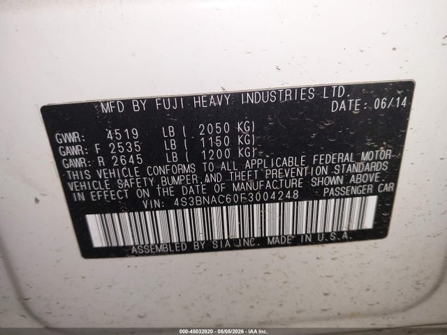 Aukcja sprzedaży 2015 Subaru Legacy 2.5i Premium, vin: 4S3BNAC60F3004248, numer aukcji: 45032820