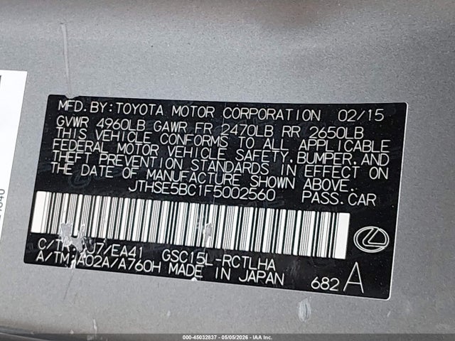 Aukcja sprzedaży 2015 Lexus Rc 350, vin: JTHSE5BC1F5002560, numer aukcji: 45032837