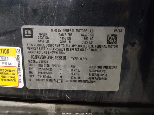 45032847 :رقم المزاد ، 1GNKVGKD9EJ152810 vin ، 2014 Chevrolet Traverse 1lt مزاد بيع