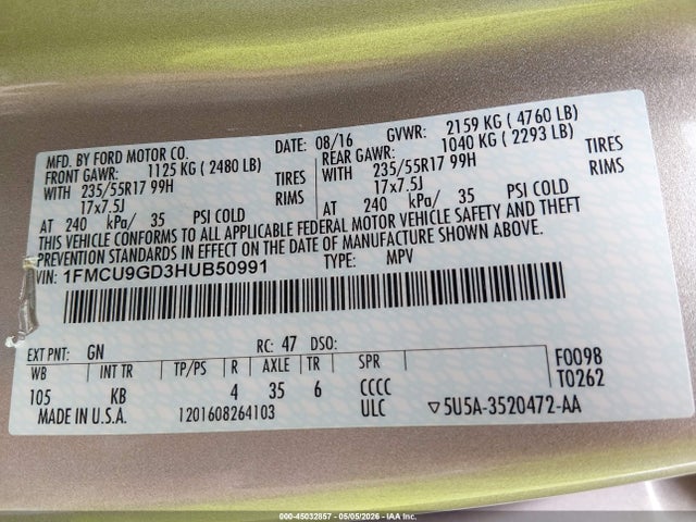 Aukcja sprzedaży 2017 Ford Escape Se, vin: 1FMCU9GD3HUB50991, numer aukcji: 45032857