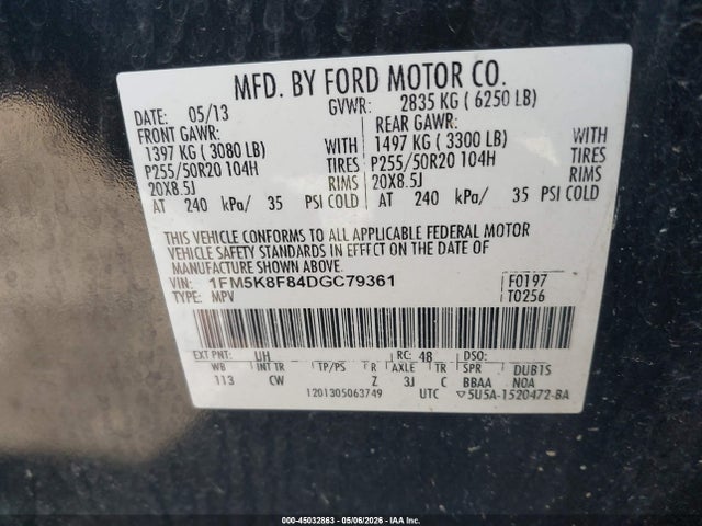 45032863 :رقم المزاد ، 1FM5K8F84DGC79361 vin ، 2013 Ford Explorer Limited مزاد بيع