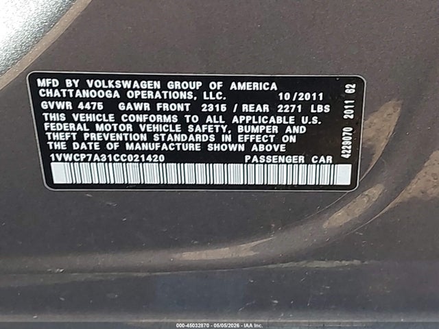 45032870 :رقم المزاد ، 1VWCP7A31CC021420 vin ، 2012 Volkswagen Passat 2.5l Sel مزاد بيع