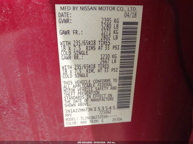 Aukcja sprzedaży 2018 Nissan Murano Sv, vin: 5N1AZ2MH7JN153545, numer aukcji: 45032898
