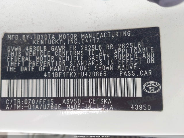 45032918 :رقم المزاد ، 4T1BF1FKXHU420886 vin ، 2017 Toyota Camry Se مزاد بيع