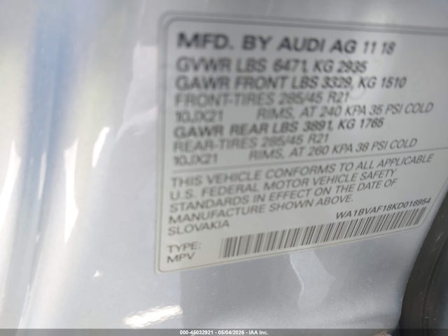Продаж на аукціоні авто 2019 Audi Q8 55 Premium, vin: WA1BVAF18KD016954, номер лоту: 45032921