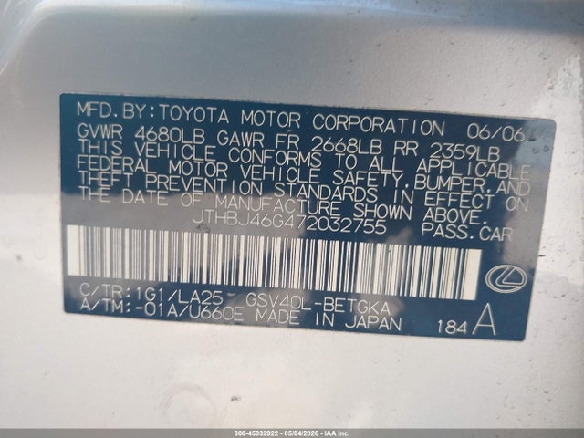 45032922 :رقم المزاد ، JTHBJ46G472032755 vin ، 2007 Lexus Es 350 مزاد بيع