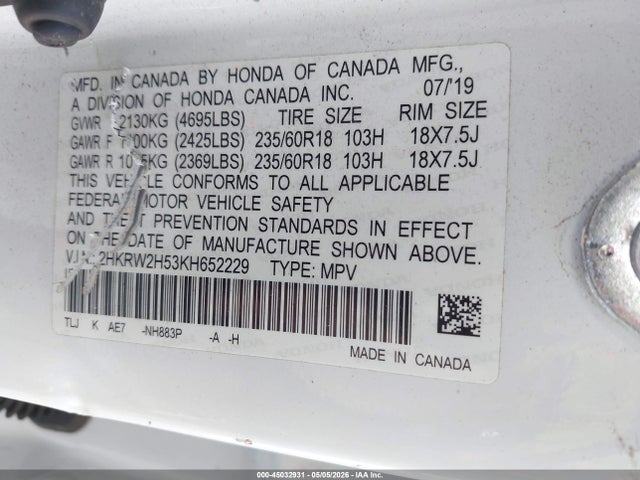 45032931 :رقم المزاد ، 2HKRW2H53KH652229 vin ، 2019 Honda Cr-v Ex مزاد بيع