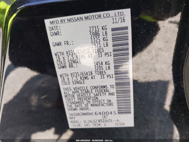 Продажа на аукционе авто 2017 Nissan Pathfinder Sl, vin: 5N1DR2MN0HC640045, номер лота: 45032935