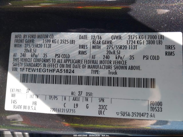 Продажа на аукционе авто 2017 Ford F-150, vin: 1FTEW1EG1HFA51824, номер лота: 45032949
