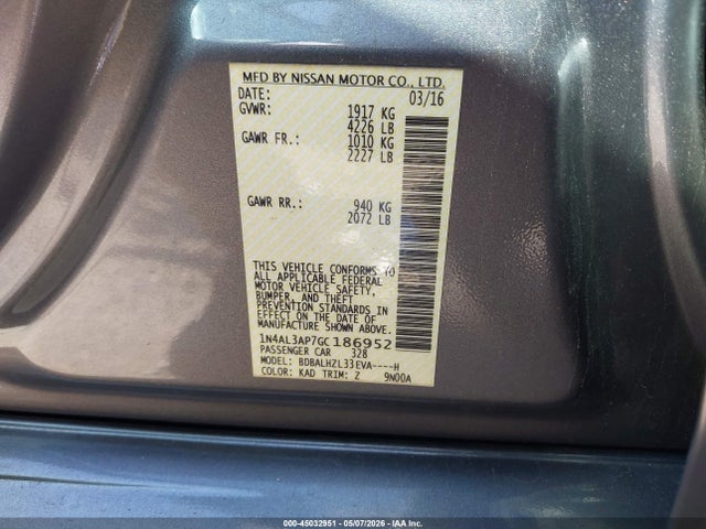 Aukcja sprzedaży 2016 Nissan Altima 2.5 Sr, vin: 1N4AL3AP7GC186952, numer aukcji: 45032951