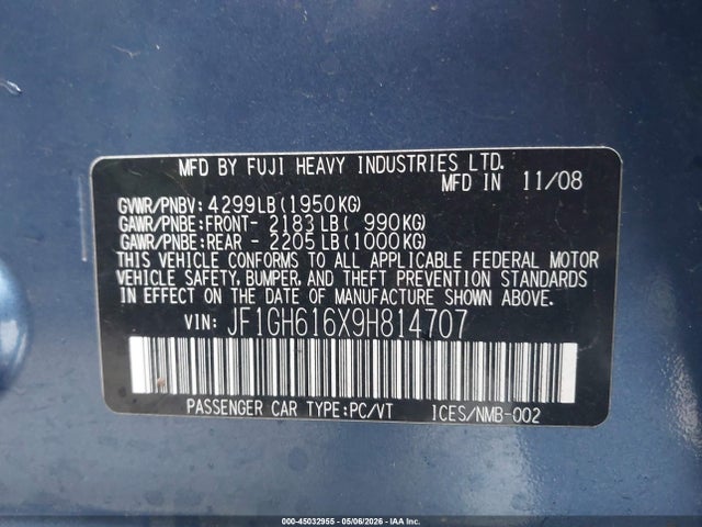 45032955 :رقم المزاد ، JF1GH616X9H814707 vin ، 2009 Subaru Impreza 2.5i مزاد بيع