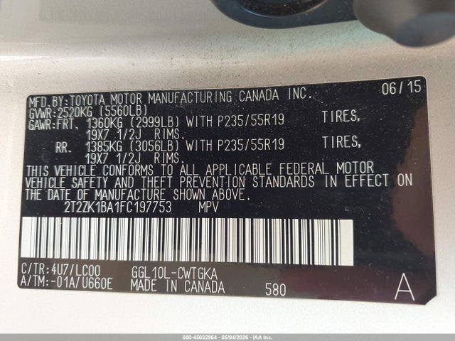 Продажа на аукционе авто 2015 Lexus Rx 350, vin: 2T2ZK1BA1FC197753, номер лота: 45032964