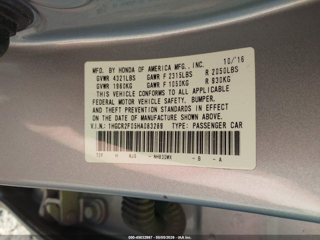 Продажа на аукционе авто 2017 Honda Accord Ex, vin: 1HGCR2F05HA083289, номер лота: 45032967