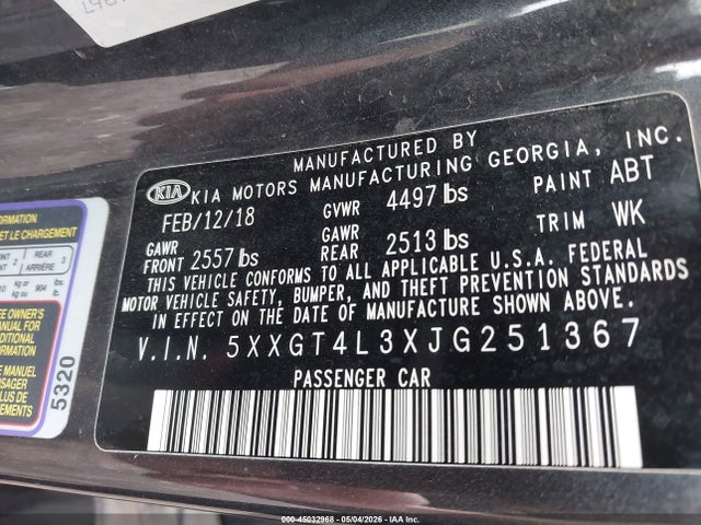 Продаж на аукціоні авто 2018 Kia Optima S, vin: 5XXGT4L3XJG251367, номер лоту: 45032968