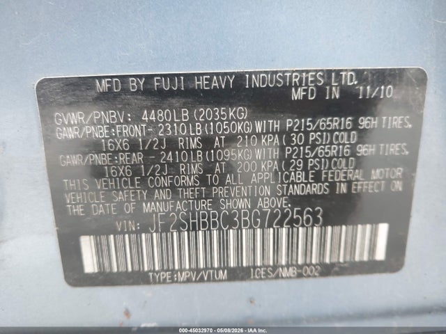 Aukcja sprzedaży 2011 Subaru Forester 2.5x, vin: JF2SHBBC3BG722563, numer aukcji: 45032970