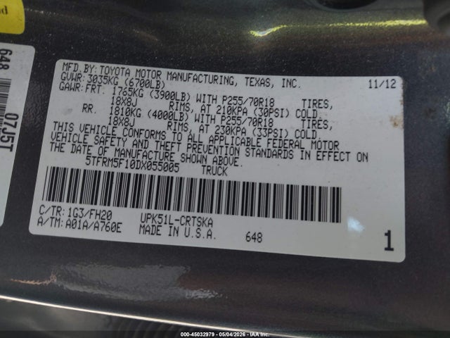 45032979 :رقم المزاد ، 5TFRM5F10DX055005 vin ، 2013 Toyota Tundra Grade 4.6l V8 مزاد بيع