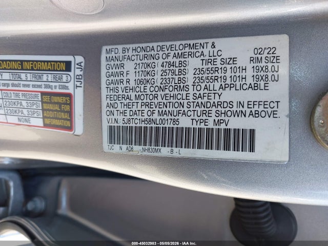 45032983 :رقم المزاد ، 5J8TC1H58NL001785 vin ، 2022 Acura Rdx Technology Package مزاد بيع