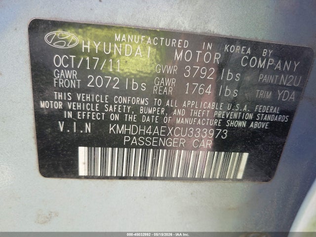 2012 Hyundai Elantra Limited (ulsan Plant) მანქანა იყიდება აუქციონზე, vin: KMHDH4AEXCU333973, აუქციონის ნომერი: 45032992