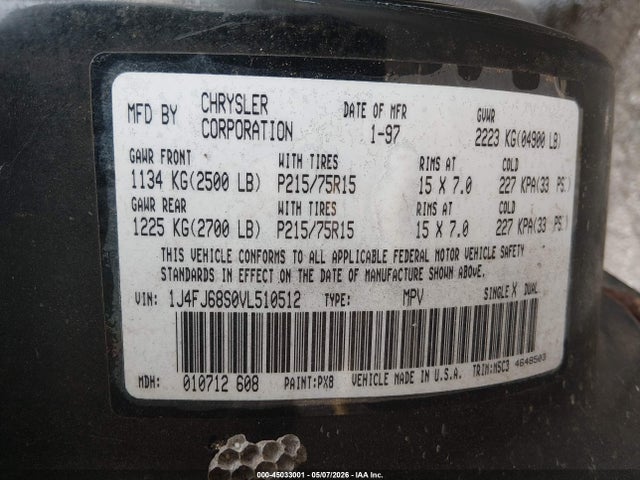 45033001 :رقم المزاد ، 1J4FJ68S0VL510512 vin ، 1997 Jeep Cherokee Sport مزاد بيع