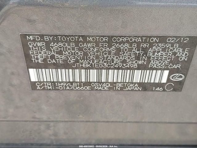 Aukcja sprzedaży 2012 Lexus Es 350, vin: JTHBK1EG3C2493498, numer aukcji: 45033002