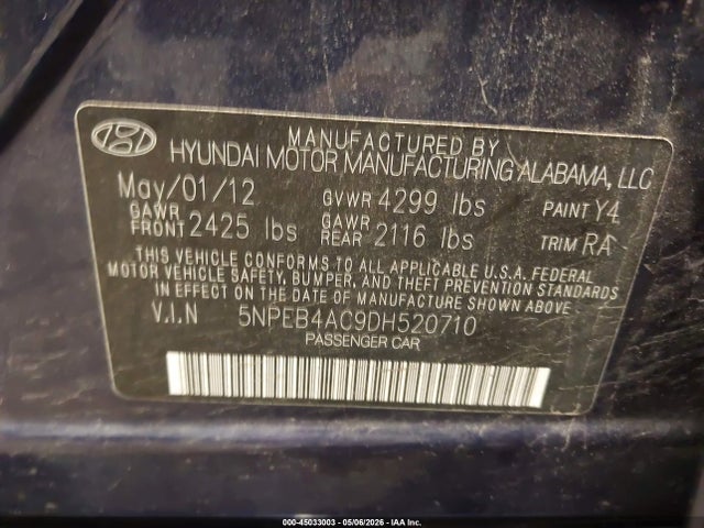 Aukcja sprzedaży 2013 Hyundai Sonata Gls, vin: 5NPEB4AC9DH520710, numer aukcji: 45033003