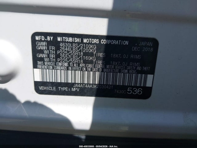 2019 Mitsubishi Eclipse Cross Sp მანქანა იყიდება აუქციონზე, vin: JA4AT4AA3KZ030421, აუქციონის ნომერი: 45033008