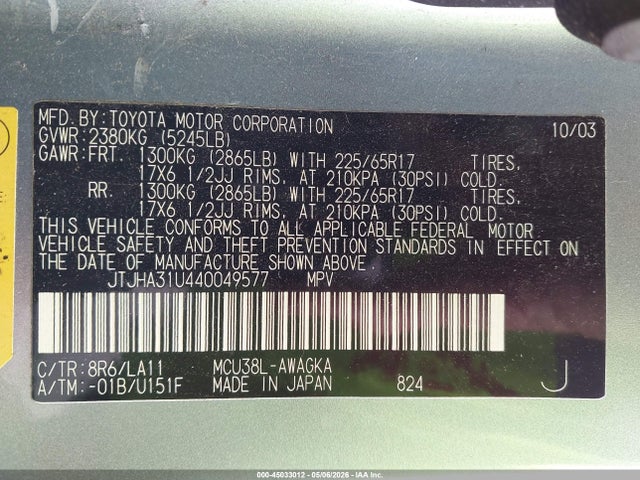45033012 :رقم المزاد ، JTJHA31U440049577 vin ، 2004 Lexus Rx 330 مزاد بيع