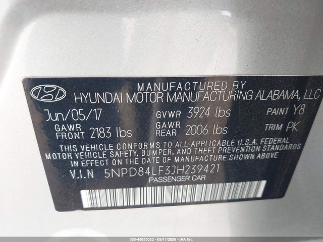 Продажа на аукционе авто 2018 Hyundai Elantra Sel, vin: 5NPD84LF3JH239421, номер лота: 45033022