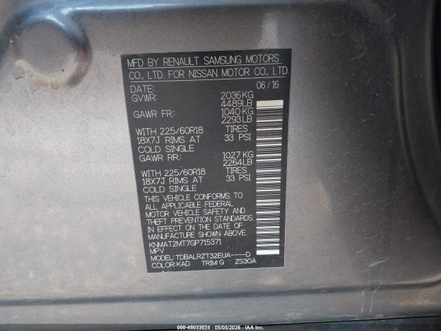 45033024 :رقم المزاد ، KNMAT2MT7GP715371 vin ، 2016 Nissan Rogue Sl مزاد بيع