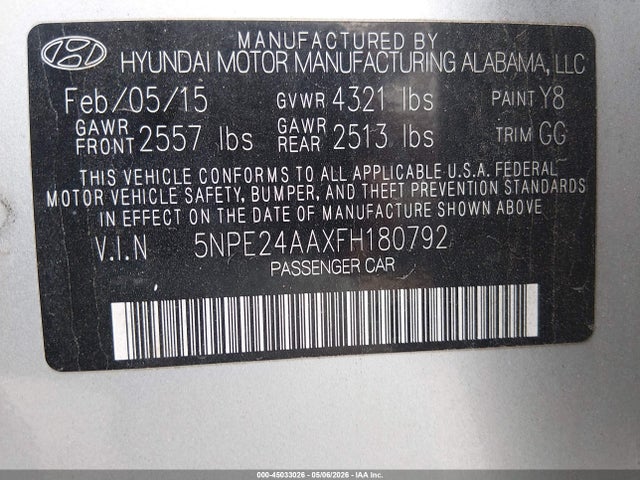 Продажа на аукционе авто 2015 Hyundai Sonata Eco, vin: 5NPE24AAXFH180792, номер лота: 45033026